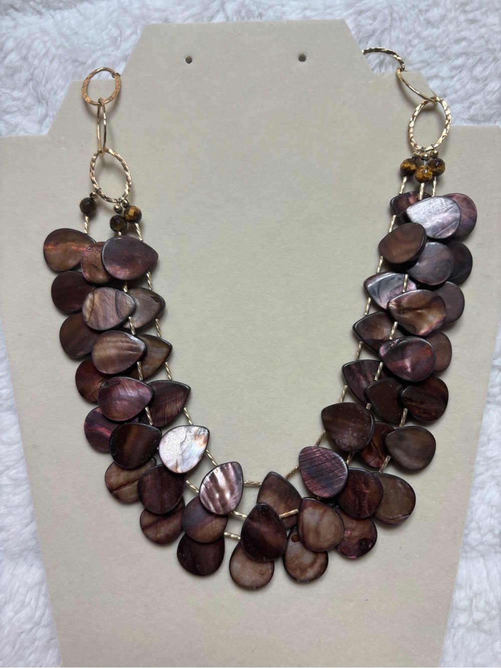 Multi-Strand tigers eye abalone teardrop necklace gold tone toggle clasp